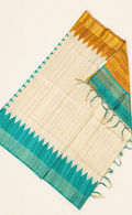 Banana Pith & Silk Blend Saree – Ivory with Teal & Mustard Contrast