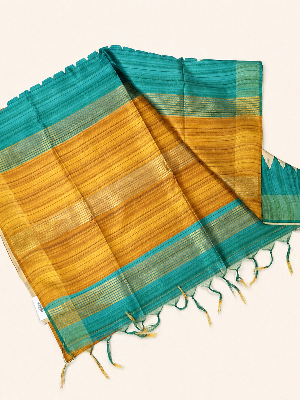 Banana Pith & Silk Blend Saree – Ivory with Teal & Mustard Contrast