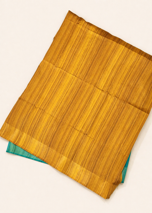 Banana Pith & Silk Blend Saree – Ivory with Teal & Mustard Contrast
