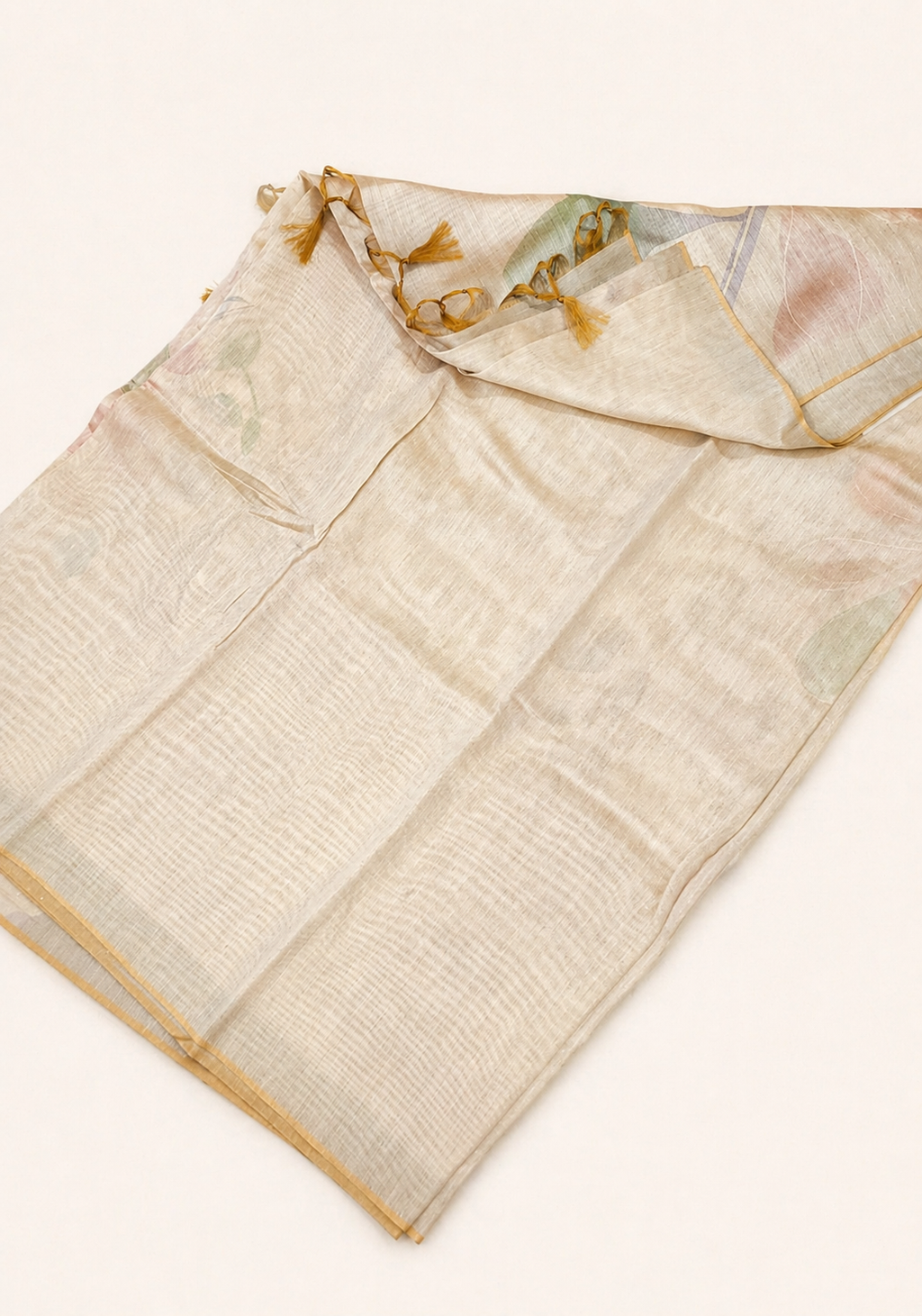 Linen-blend Beige Saree with Watercolor Botanical Design