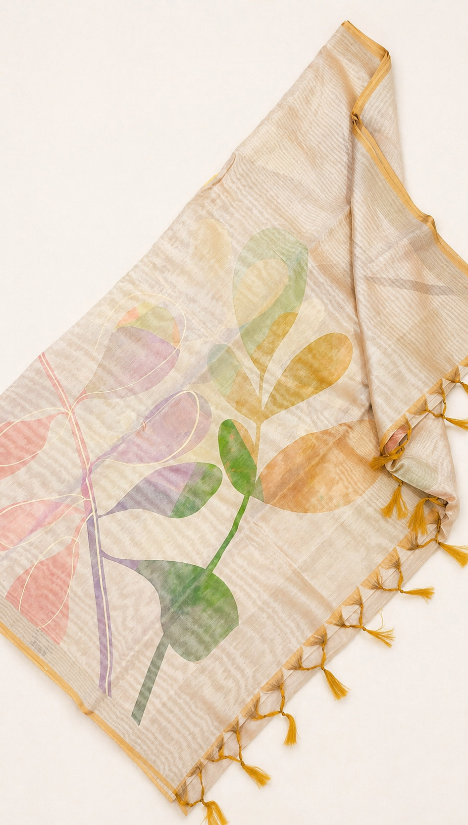 Linen-blend Beige Saree with Watercolor Botanical Design