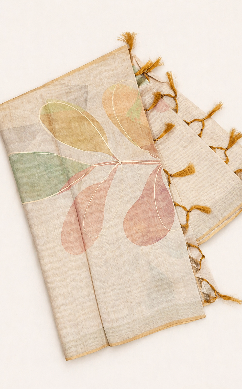 Linen-blend Beige Saree with Watercolor Botanical Design